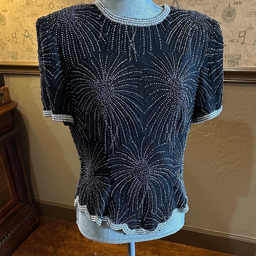 Laurence Kazar Black and Silver Beaded Blouse
